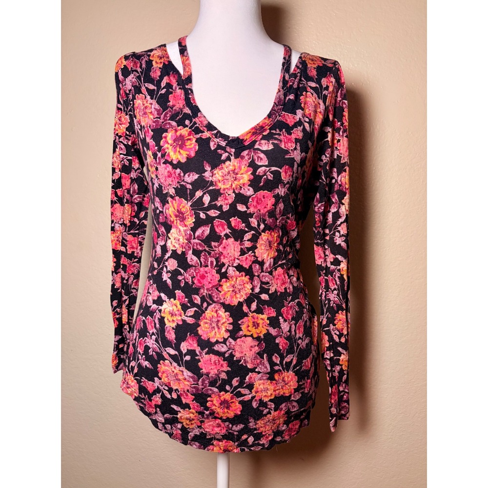 Y2K Ultra Flirt Floral Cutout V-Neck Long Sleeve Top Pink Orange Black Medium